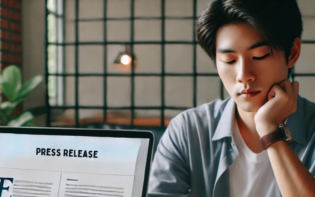 Asian person reviewing a press release document on a modern office desk with a laptop, notebook, pen, and coffee cup, indicating the process of effective press release writing.