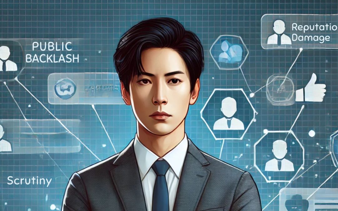 A professional Asian person dressed in business casual attire is depicted in a modern office setting, dealing with public backlash and reputational damage. The background features abstract elements representing digital communication and social media scrutiny, while the individual maintains a composed expression.